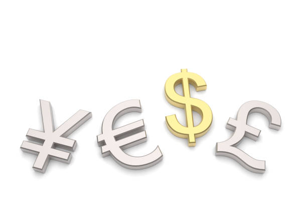 A 3D render of a golden dollar symbol standing upright among silver euro, yen, and pound symbols lying flat. This image represents financial dominance, global currency markets, and economic power.