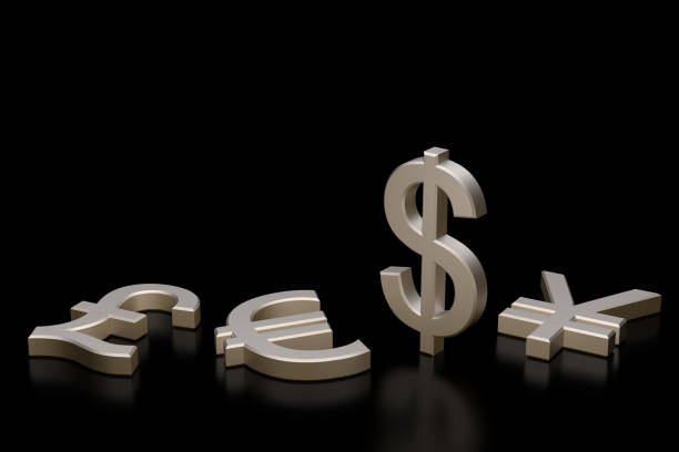 istock Silver dollar symbol standing among fallen currencies on a black background 2197247183