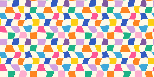 Colorful distorted groovy retro plaid seamless vector pattern in rainbow colors, Abstract wavy squares, checkerboard background