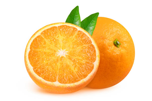 istock whole and half orange with leaves on isolated white background. 2197250051