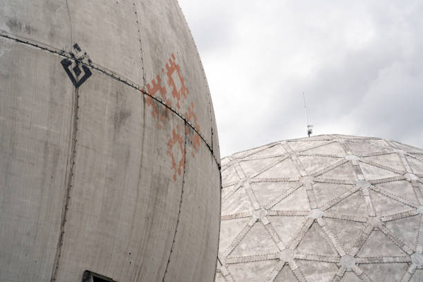 Architecture of abandoned structures in Soviet Pamir radar station. Hiking in Carpathian Mountains, Ukraine