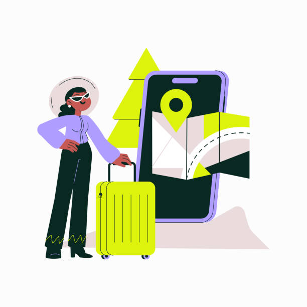 istock Female Traveler With Luggage And Navigation App In Flat Vector Illustration Symbolizing Travel Planning, GPS Navigation, And Outdoor Adventure, Isolated On White Background 2197267737