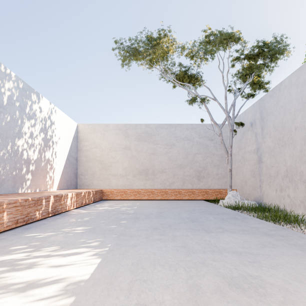 istock Modern Minimalist Outdoor Courtyard Design with Wooden Bench and Tree 2197270973