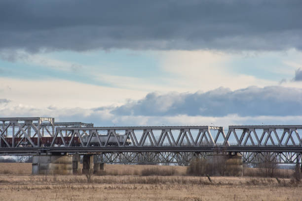 A horizontal color photo depicting a railway bridge over the Vistula River near the city of Tczew in Poland against a cloudy sky.
