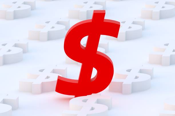Red dollar sign standing upright among white horizontal dollar signs
