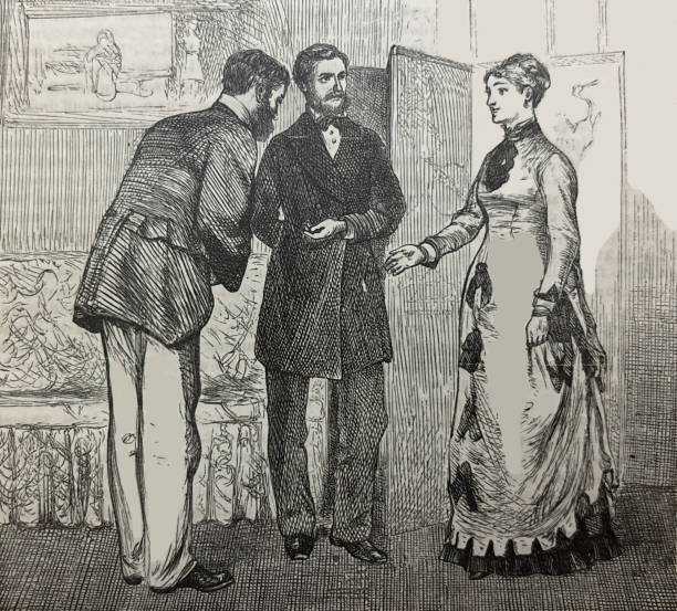 Antique illustration pre 1900 -  man and woman being introduced to one another - standing indoors
