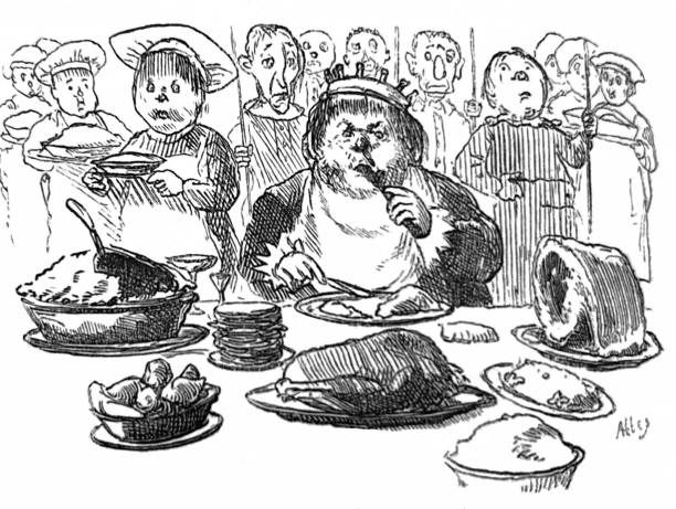 Antique illustration pre 1900 - king wearing robe and crown in front of a large meal eating with a large group of chefs  standing behind him