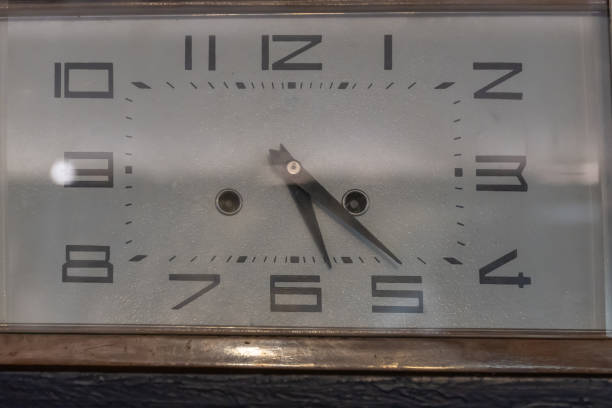 Rectangular vintage wall clock face close-up. Dial and clock hand of old-fashioned time. Watch pointing at 22 past 17 on white. Hands pointing wall clock showing 17:22. Instrument of measurement.