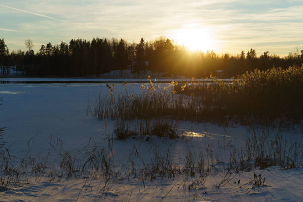 Beautiful sunset at lake with ice in Sweden. Nice winter evening in Swedish nature and landscape.