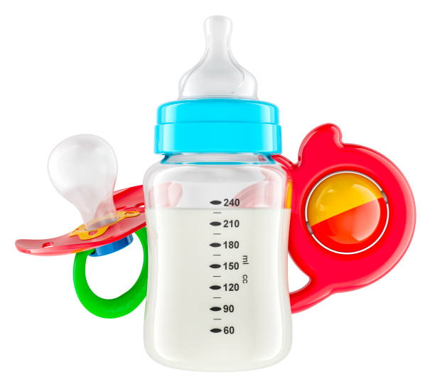 Baby bottle with baby rattle and baby pacifier, 3D rendering isolated on white background