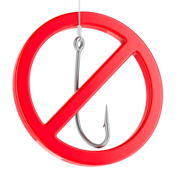 Fishing hook with prohibition sign. No Fishing sign, 3D rendering isolated on white background