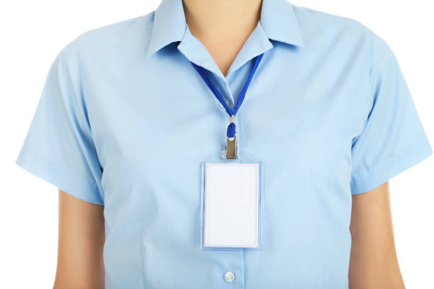 istock Businesswoman with blank badge on white background 2197282082