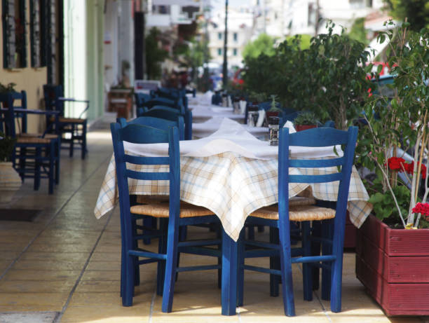 istock Blue chairs on a greek cafe on Zakinthos 2197289980