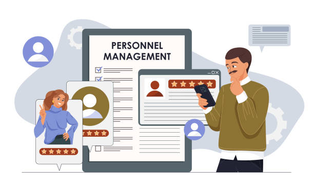 istock Personnel management concept. Man with smartphone evaluate resumes. CV candidates on vacation. Headhunting and recruitment, hiring. HR manager at workplace. Flat vector illustration 2197296363