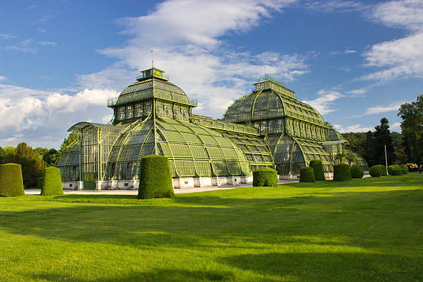 Vienna, Austria, May 31, 2019: Schonbrunn Palm House in Vienna, Austria, photographed on May 31, 2019. The iconic greenhouse with intricate ironwork surrounded by lush greenery.