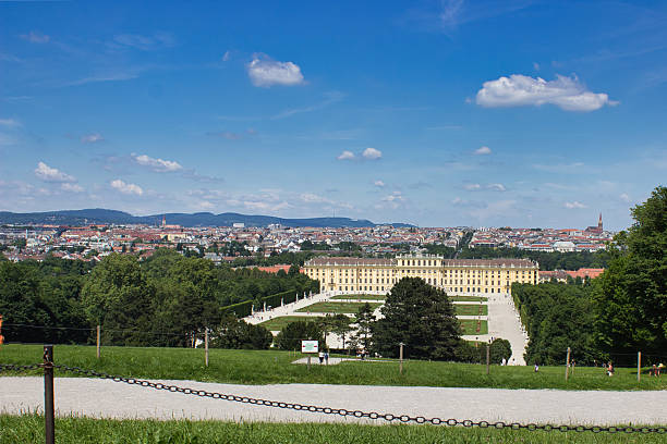 Vienna, Austria, June 2, 2019: Schonbrunn Palace surrounded by lush gardens with a panoramic view of the cityscape under a bright summer sky.
