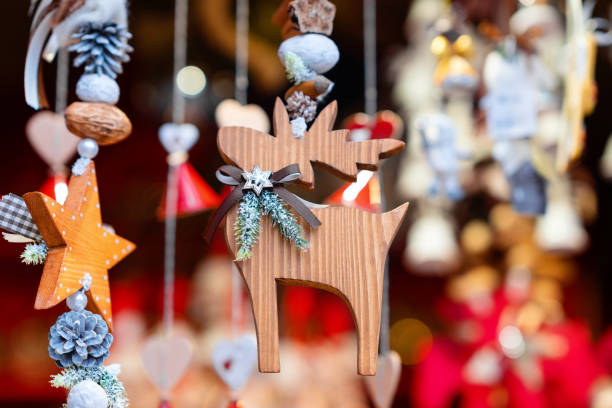 istock Wooden Reindeer and Star Christmas Decorations Hanging 2197303665