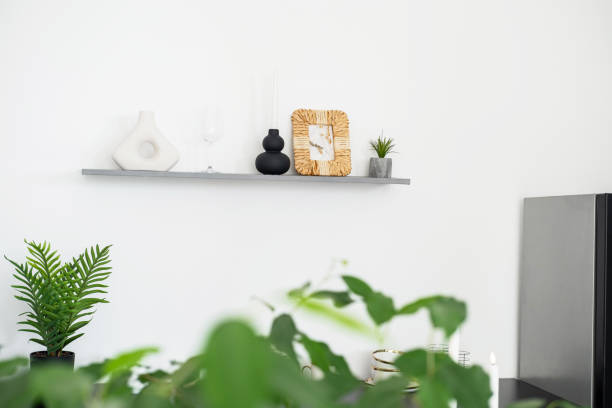 istock Decorative shelf with plants and modern artifacts in a bright room 2197308533