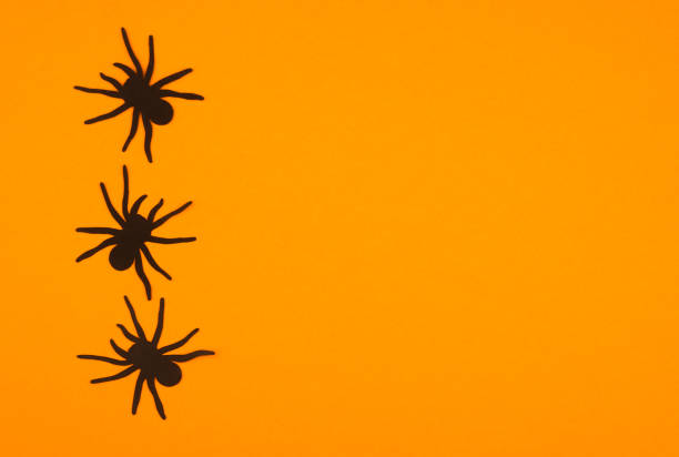 istock Three silhouette spiders crawling on a bright orange background during autumn season 2197309920