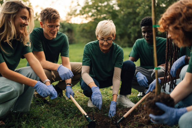 istock Happy volunteers planting a tree in the park 2197310653