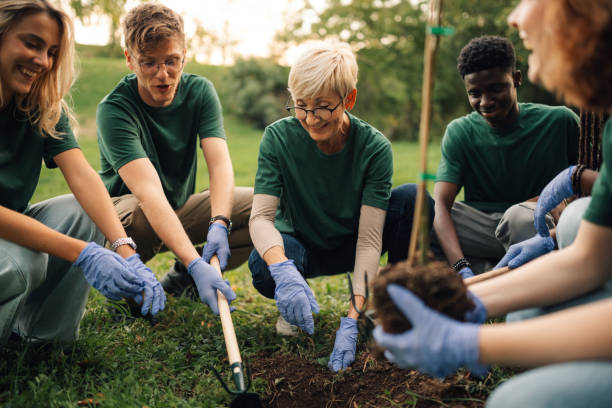 istock Group of volunteers planting a tree in the park 2197310687