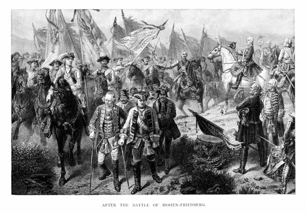 Prussian King Frederick II defeated the Austrian troops in Battle of Hohenfriedberg, or Battle of Striegau, in  June 4, 1745, during the Second Silesian War. Engraving published 1882. Original edition is from my own archives. Copyright has expired and is in Public Domain.