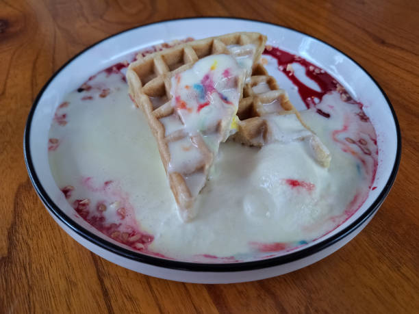 Waffle With Strawberry Ice Cream. Dessert Food Menu.