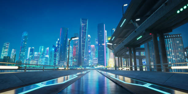 istock Futuristic highway leading to illuminated metropolis at dusk 2197329872