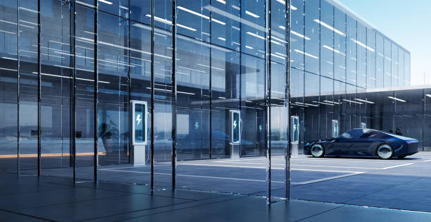 istock Electric car charging at modern glass building with multiple charging stations 2197330182