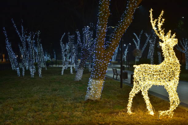 istock New Year decorations in the city square, deer and decorated trees 2197341636