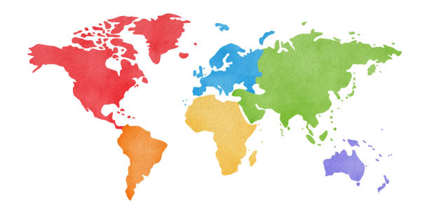 istock Watercolor world map divided into six continents isolated on white background 2197341710
