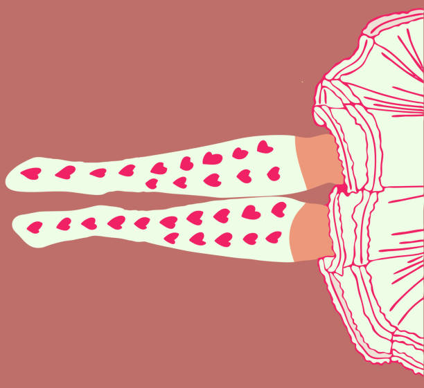 Flat vector illustration of woman legs lying on the floor near each other. The white with pink hearts golfs and white tutu dress are on the feets. Flat vector illustration of woman legs lying on the floor near each other. The white with pink hearts golfs and white tutu dress are on the feets. Vector icon isolated on pink background. Up view. woman feet bed stock illustrations