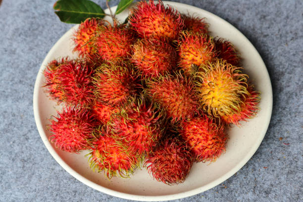 istock Rambutan fruit in a white plate on gray background 2197343256