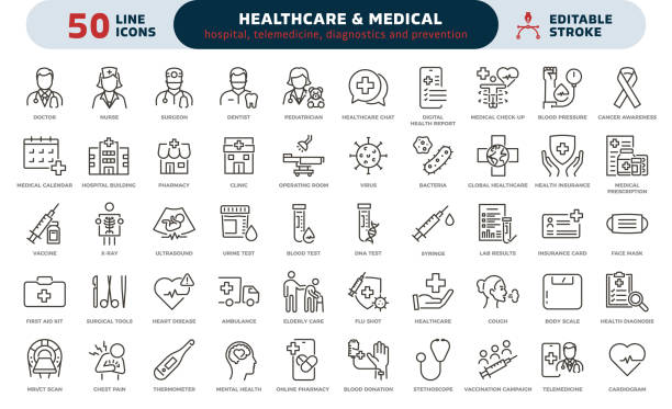 ilustrații de stoc cu set de pictograme medicale și medicale. elemente grafice vectoriale cu linii subțiri. spital, telemedicină, diagnosticare, prevenție, simptome, medici și asistență de urgență - medic