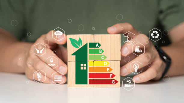 istock Energy efficiency rating labels promoting low consumption and efficient products to reduce carbon footprint. 2197346107
