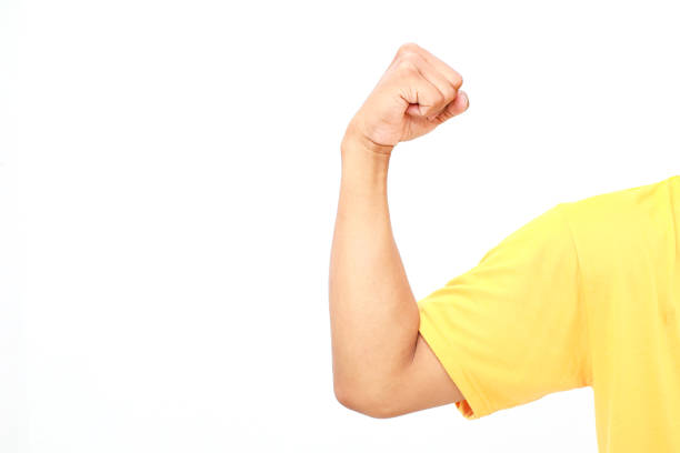 Strong flexing arm with a closed fist, set against a stark white background, conveying might and fitness