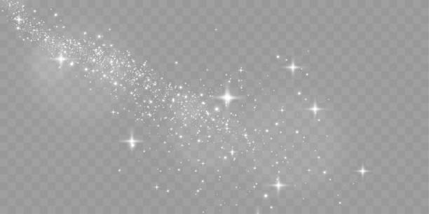 Sparkling white light particles on transparent background, glowing stars and dust effect, festive glitter overlay, magical illumination, digital abstract decoration.