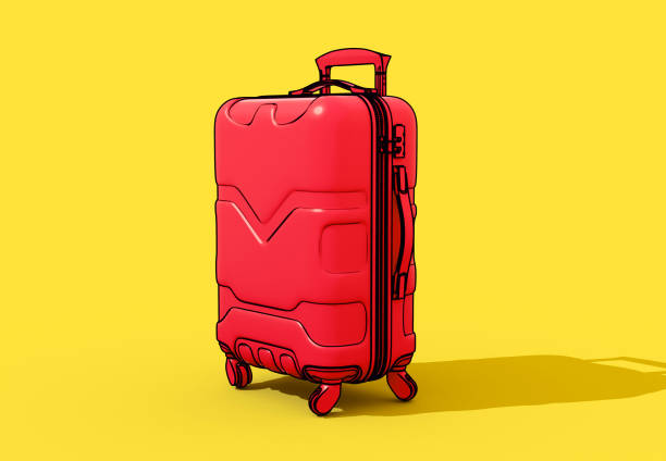 A cartoon illustration of a regular red plastic travel luggage suitcase with a zipper handles and a combination lock on an isolated yellow background - 3D render