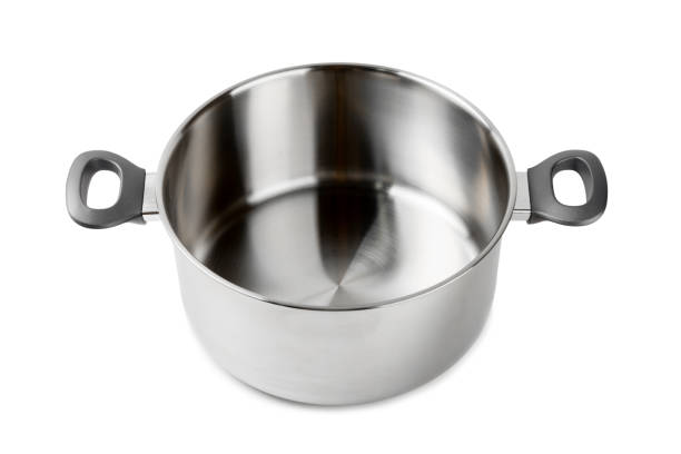 istock Stainless steel saucepan on light kitchen background. Modern saucepan. Kitchenware. Cooking pot. Cooking concept. Mockup. Space for text. Copy space. 2197360550