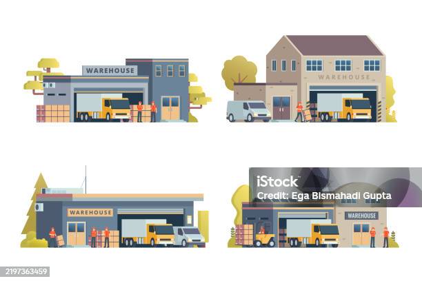 Warehouse Building Set Warehouse Building Vector Illustration Set And Bundle With Logistic ...