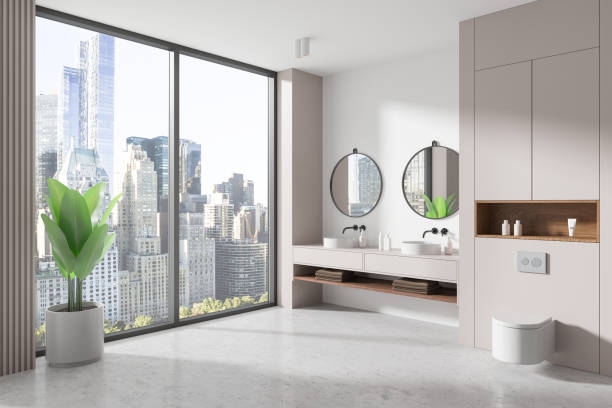 istock Stylish modern bathroom with large windows, city view, and minimalist decor. Clean design with white fixtures. 3D Rendering 2197364810