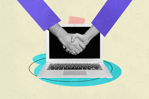 istock Exclusive art banner collage of hands hold together handshake gesture cooperation freelancer deal agreement laptop device 2197368892