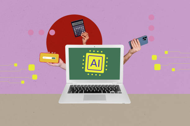 istock Composite photo collage of hands hold phone laptop artificial intelligence app calculator multitask helper isolated on painted background 2197369058
