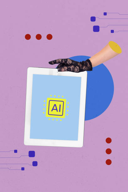 istock Vertical photo collage of hand wear glove hold tablet artificial intelligence app chat helper machine isolated on painted background 2197369076