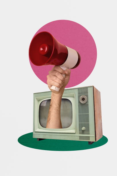 istock Composite image montage trend artwork 3D collage of television retro tuner device display hand appear hold loudspeaker procalim ads news 2197369092