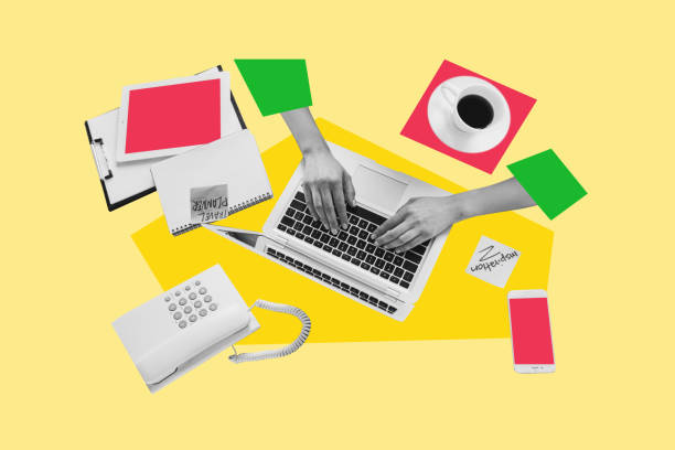 istock Composite trend artwork sketch image photo collage of anonymous hand type laptop keypad office cup drink coffee landline phone copybook 2197369106