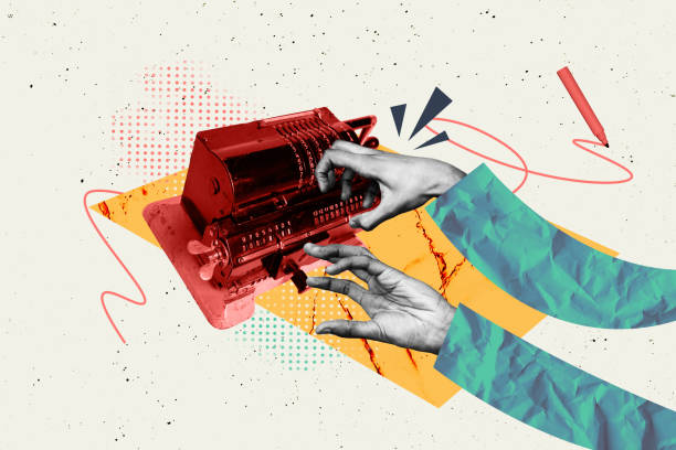 istock Contemporary poster trend art collage of hands type retro typewriter device text typescript machine journalism work writer marker 2197369236
