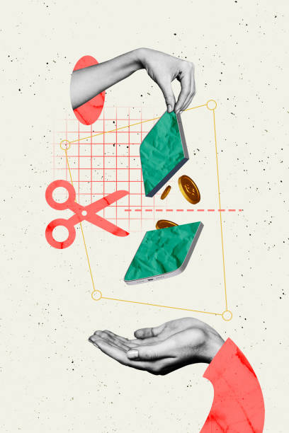 istock Vertical art creative trend collage of hands hold broke cellphone screen half scissors cut money loss inflation coin profit transaction 2197369255