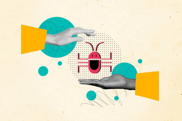 Exclusive art banner collage of hands show trojan bug insect problem antivirus protection app software cyberspace security.