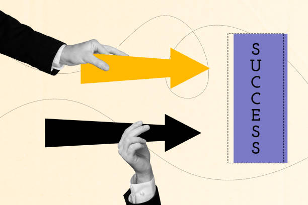 istock Creative sketch collage of hands hold arrow development statistics success icon business people cooperation purpose achievement 2197369756